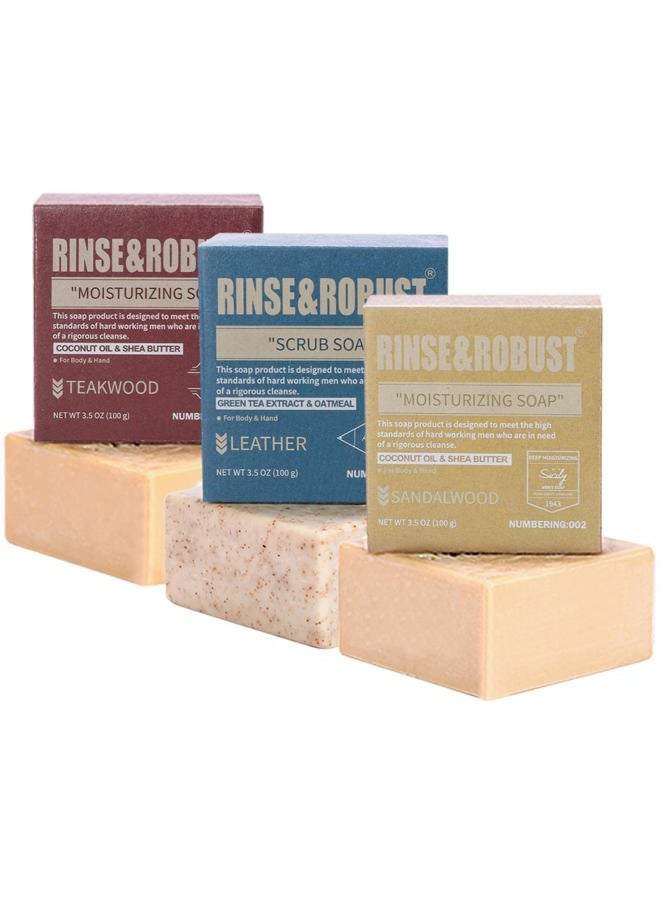 Rinse & Robust Mens Bar Soap Bath Bar Soap 3Pack Handmade Natural Soap Bar Set Cleansing Bar Moisturizing&Exfoliating Scrub Soap Gift Set for Men | Leather, Sandalwood, Teakwood | 3.5 oz of 3 Bars - Image 1