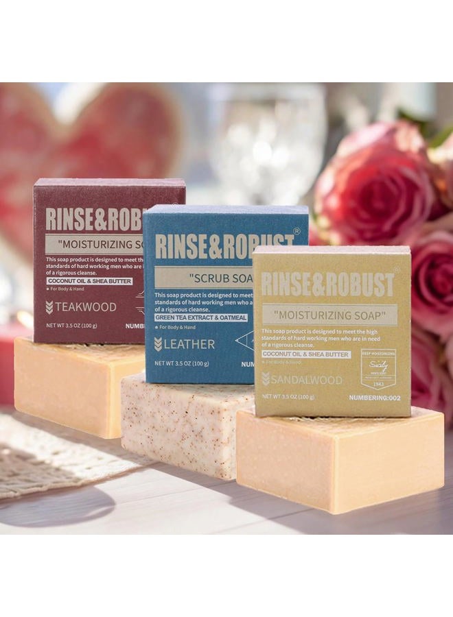 Rinse & Robust Mens Bar Soap Bath Bar Soap 3Pack Handmade Natural Soap Bar Set Cleansing Bar Moisturizing&Exfoliating Scrub Soap Gift Set for Men | Leather, Sandalwood, Teakwood | 3.5 oz of 3 Bars - Image 4