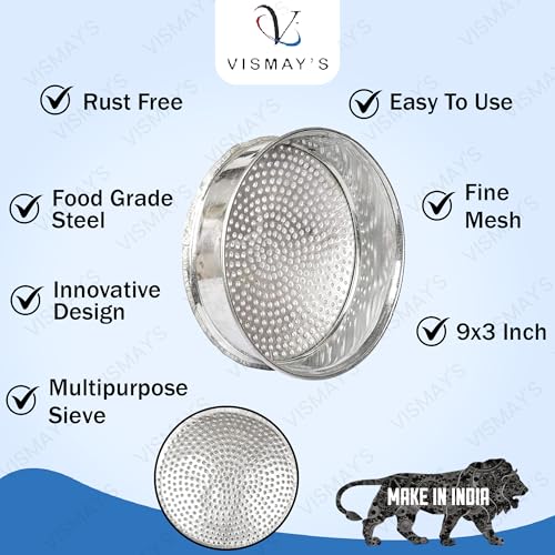 VISMAY'S Vismays Iron Strainer Sieve Chalni Chalna Gehu Grain Rice Pulses Masala Spices Lentils Churma Strainer Smooth Edges Food Grade Iron - 9 inch - Image 4