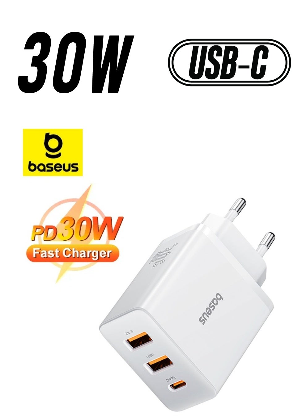 iPhone Charger 30W USB-C PD Fast Wall Charger with 1 Type-C PD Port and 2 QC3.0 Quick Charging Ports, EU Plug Adapter for iPhone 16 Pro Max/Plus, 15/15 Pro Max/15 Pro/15 Plus, 14/13/12/11 Series, Samsung Galaxy S25/S24/S23, Google Pixel 4/3, iPad Pro, and More USB-C Devices (White) White