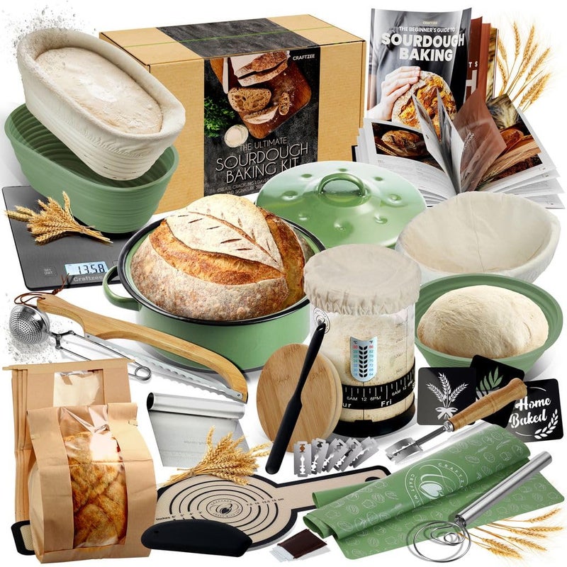 CraftZee All-Inclusive ð—£ð—¥ð—˜ð— ð—œð—¨ð—  Sourdough Starter Kit with Pot, 34 Oz Starter Jar, 4 Banneton Bread Proofing Baskets, Scraper, Scale, Sourdough Bread Baking Supplies, Beginner Guide & Recipes - Image 1