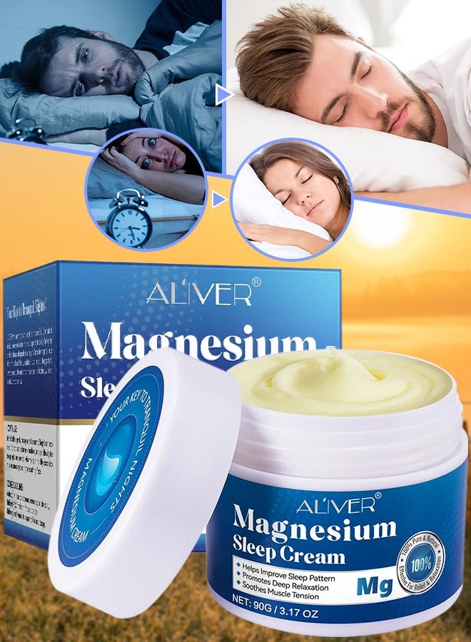 ALIVER كريم النوم بالمغنيسيوم 90 جرام - كريم جسم مغنيسيوم نقي 100% طبيعي لتحسين النوم وتخفيف الاسترخاء وتخفيف توتر العضلات كريم مغنيسيوم عضوي للساقين والذراعين والرقبة والمعصم والفخذ - Image 1