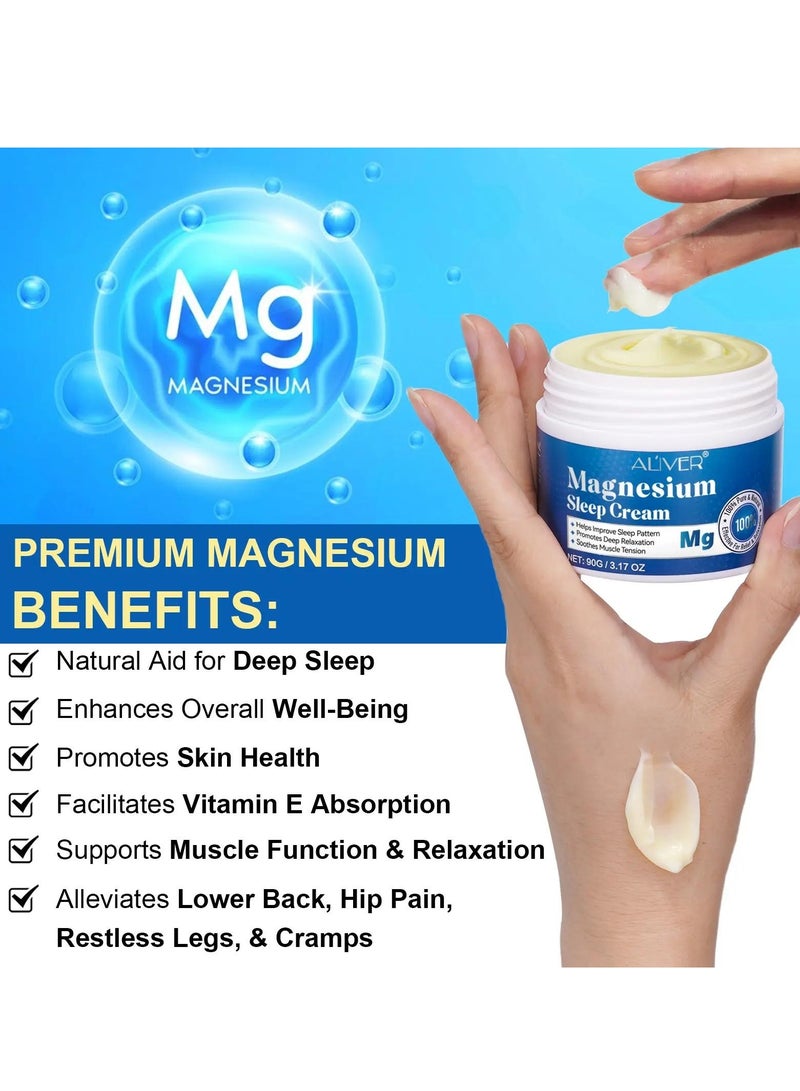 ALIVER كريم النوم بالمغنيسيوم 90 جرام - كريم جسم مغنيسيوم نقي 100% طبيعي لتحسين النوم وتخفيف الاسترخاء وتخفيف توتر العضلات كريم مغنيسيوم عضوي للساقين والذراعين والرقبة والمعصم والفخذ - Image 2
