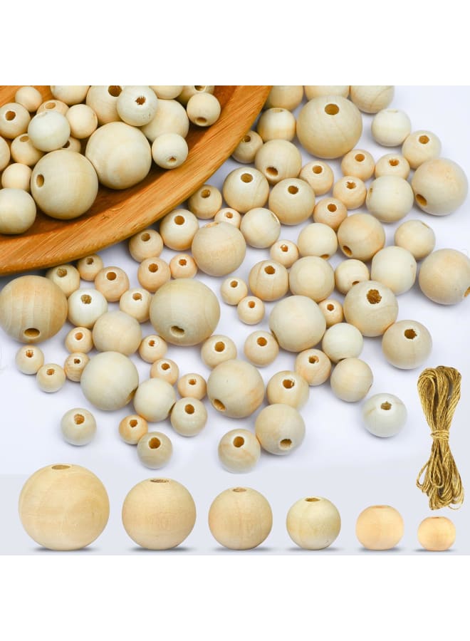510 Pcs Wooden Beads with Jute Twine, 6 Sizes Unfinished Wood Beads for Crafts with Holes - 8, 10, 12, 14, 16, 20 mm Beads for Jewelry Making, Garland, Home/Farmhouse Decor and DIY - Image 1