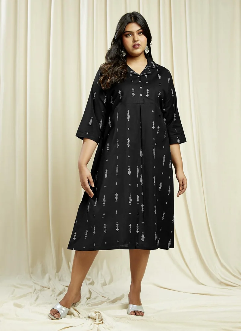 globus Globus Gloplus Women Black Notch Lapel Ethnic Print Button Down Plus Size A-Line Midi Dress