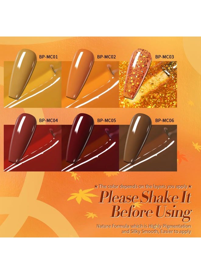 Born Pretty Fall Winter Gel Nail Polish Cozy Campfire Autumn Gel Polish Set Red Caramel Orange Brown Pumpkin Gel Nail Kit Nail Art Manicure Collection Christmas Gift 6PCS 7ML - Image 2