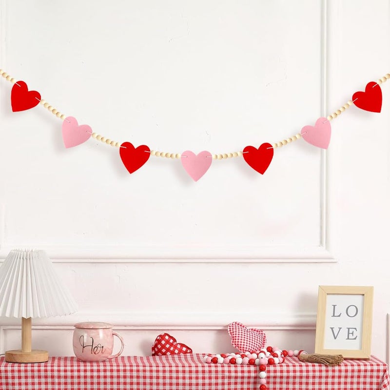 CH HAICHENG Valentines Day Decor, Red Pink Felt Heart Wood Beads Garland for Valentines Decorations, Valentines Day Felt Banner Decorations for Home Mantel Wedding Anniversary Party Supplies - Image 1