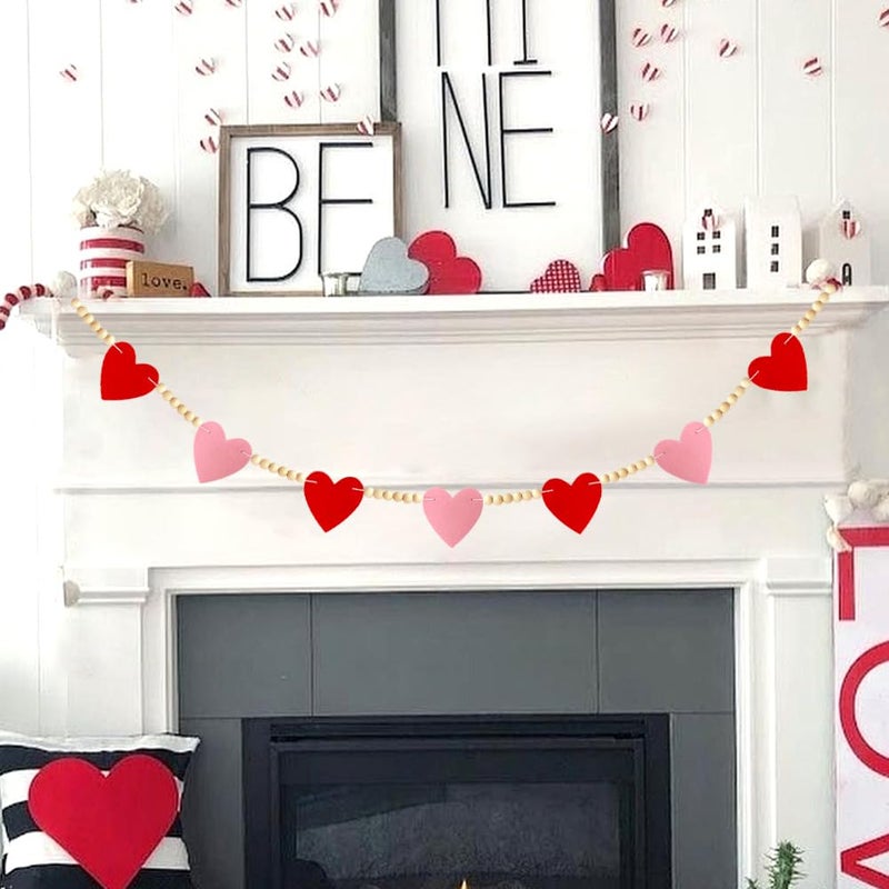 CH HAICHENG Valentines Day Decor, Red Pink Felt Heart Wood Beads Garland for Valentines Decorations, Valentines Day Felt Banner Decorations for Home Mantel Wedding Anniversary Party Supplies - Image 5