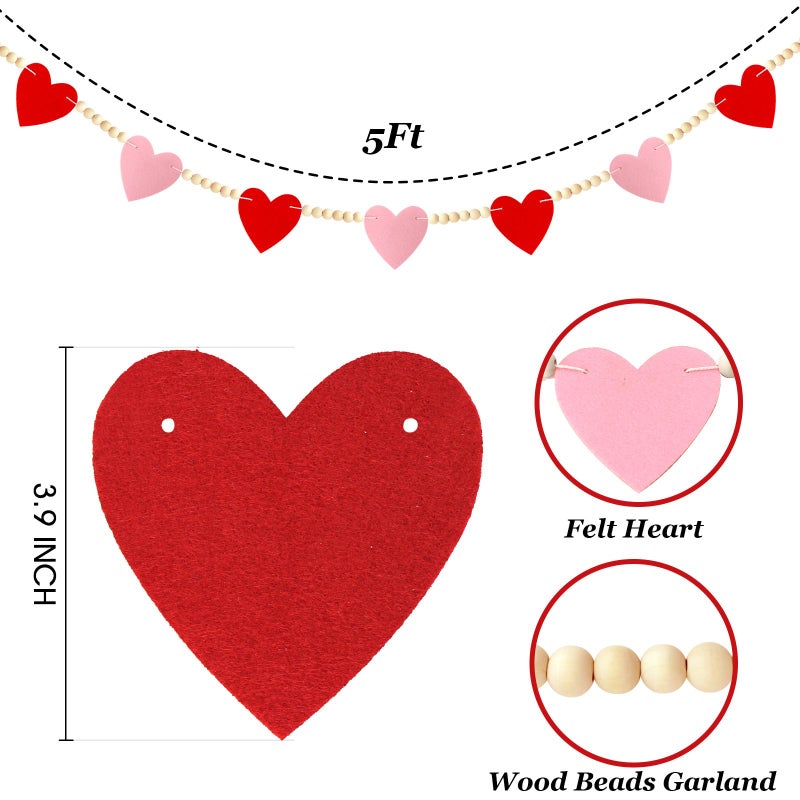 CH HAICHENG Valentines Day Decor, Red Pink Felt Heart Wood Beads Garland for Valentines Decorations, Valentines Day Felt Banner Decorations for Home Mantel Wedding Anniversary Party Supplies - Image 2