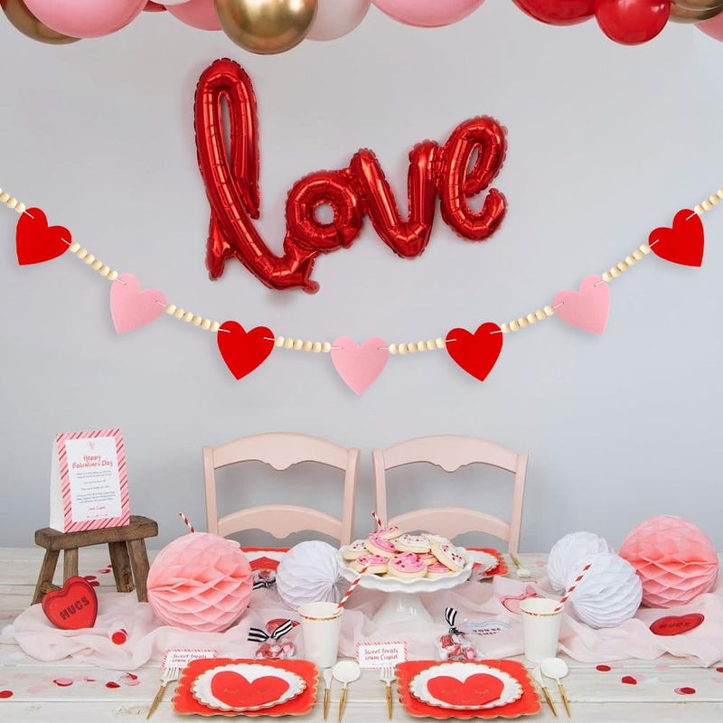 CH HAICHENG Valentines Day Decor, Red Pink Felt Heart Wood Beads Garland for Valentines Decorations, Valentines Day Felt Banner Decorations for Home Mantel Wedding Anniversary Party Supplies - Image 4