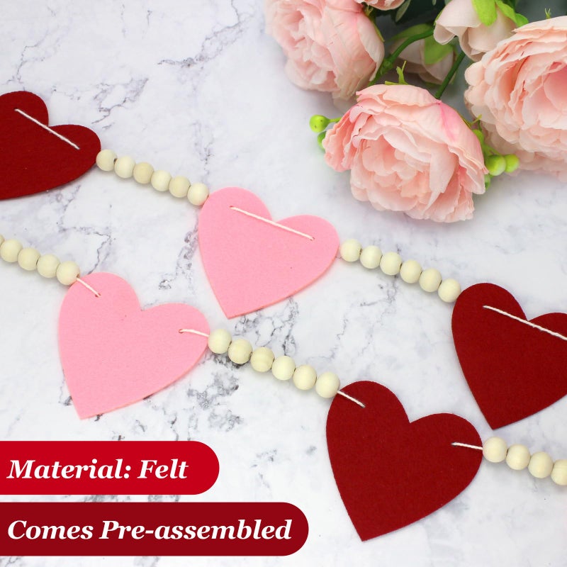 CH HAICHENG Valentines Day Decor, Red Pink Felt Heart Wood Beads Garland for Valentines Decorations, Valentines Day Felt Banner Decorations for Home Mantel Wedding Anniversary Party Supplies - Image 3