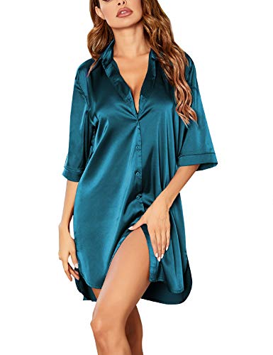 Ekouaer Nightgown for Women Satin Bridesmaid Shirts Comfy loungewear Asymmetrical Hem Sleep shirt Peacock Blue XXXL - Image 1