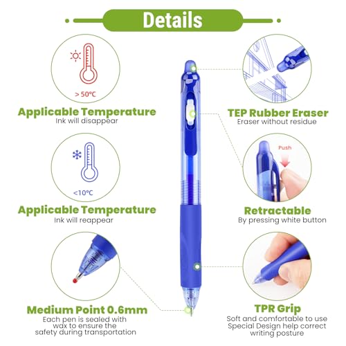 Drenubal Erasable Pens - Black & Blue Gel Ink, Quick-Drying, Retractable Comfort Grip Writing Pens for School, Office - Gift Set for Students, Kids & Artists - Image 3