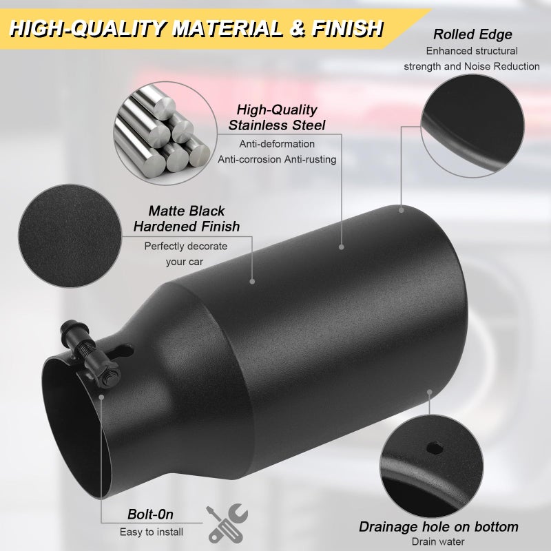 Vurkcy 3 inch Inlet Exhaust Tip, 4.5" Outlet 9" Overall Length Stainless Steel Exhaust Tail Pipe, Bolt-On, Polished Tailpipe, Black(Fit for Tailpipe Outlet is 3", must OD not the ID) - Image 2