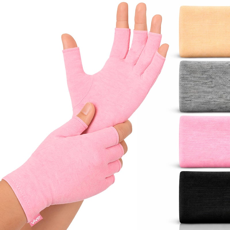 Vive Pink Arthritis Hand Compression Gloves - Comfortable Fit for Men and Women - Open Finger for Rheumatoid, Osteoarthritis and Computer Typing Pain - Carpal Tunnel Support - Moisture Wicking Fabric - Image 1