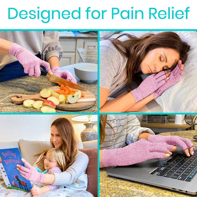Vive Pink Arthritis Hand Compression Gloves - Comfortable Fit for Men and Women - Open Finger for Rheumatoid, Osteoarthritis and Computer Typing Pain - Carpal Tunnel Support - Moisture Wicking Fabric - Image 5