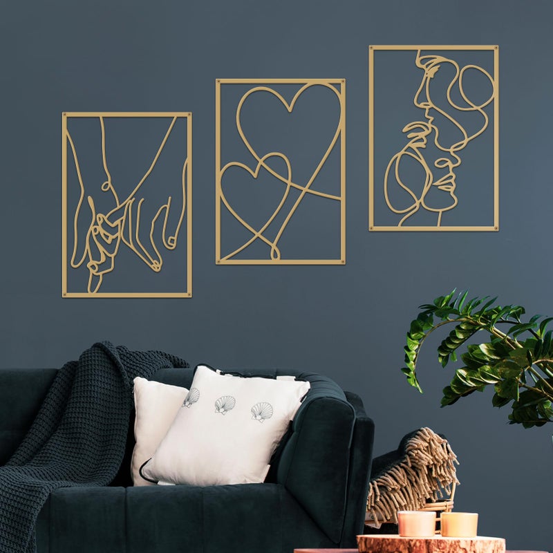 ESTART 3 Pieces Metal Minimalist Line Wall Art, Valentine's Day Lover Kiss Hand Metal Wall Decor, Aesthetic Modern Home Hanging Wall Art Decor for Bedroom Bathroom Living Room (Gold) - Image 2