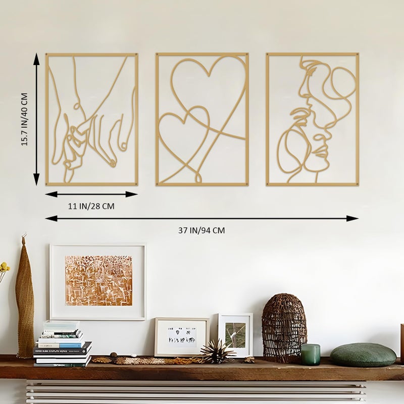 ESTART 3 Pieces Metal Minimalist Line Wall Art, Valentine's Day Lover Kiss Hand Metal Wall Decor, Aesthetic Modern Home Hanging Wall Art Decor for Bedroom Bathroom Living Room (Gold) - Image 3