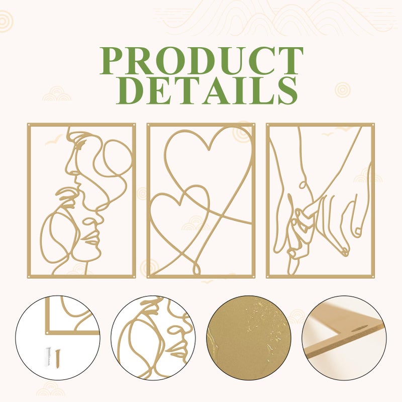 ESTART 3 Pieces Metal Minimalist Line Wall Art, Valentine's Day Lover Kiss Hand Metal Wall Decor, Aesthetic Modern Home Hanging Wall Art Decor for Bedroom Bathroom Living Room (Gold) - Image 5