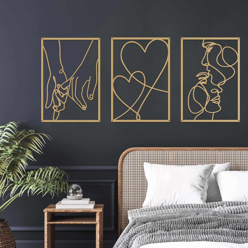 ESTART 3 Pieces Metal Minimalist Line Wall Art, Valentine's Day Lover Kiss Hand Metal Wall Decor, Aesthetic Modern Home Hanging Wall Art Decor for Bedroom Bathroom Living Room (Gold) - Image 1