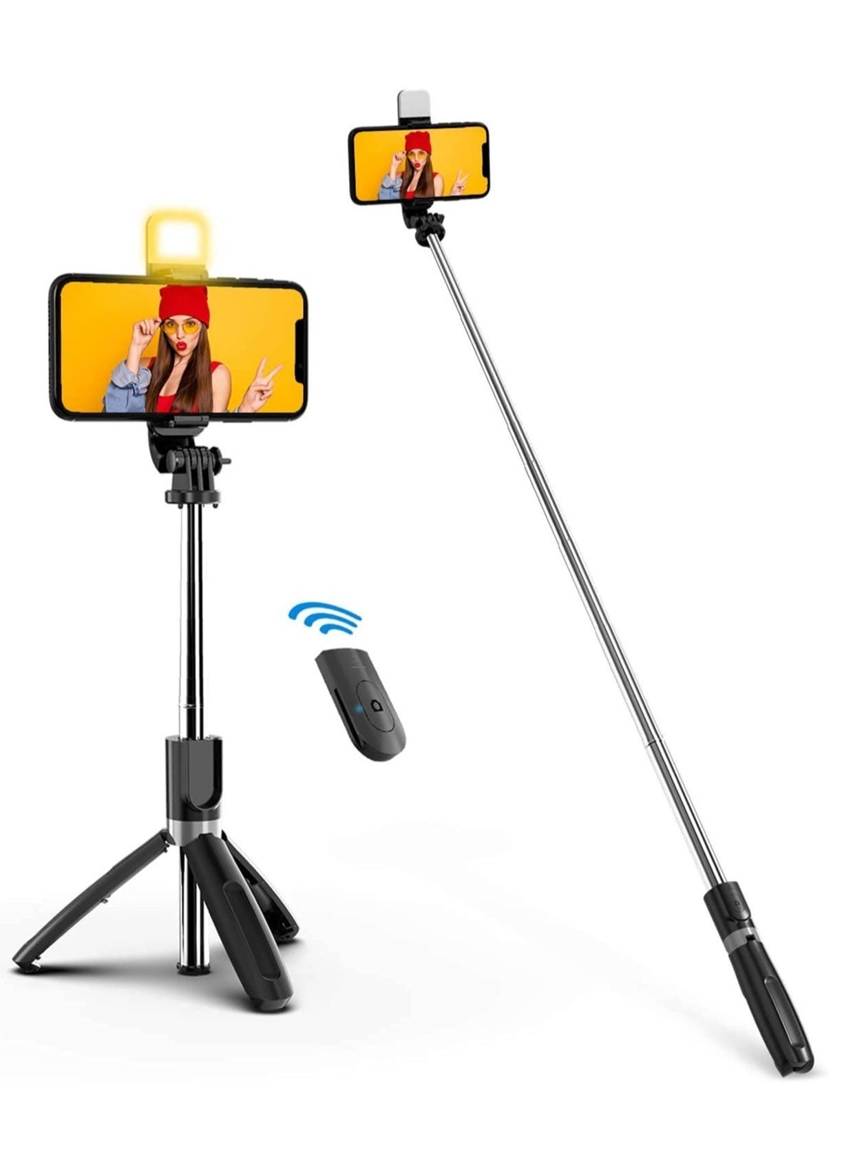 Selfie Stick, Extendable Selfie Stick with LED Fill Light Wireless Remote and Tripod Stand, Portable, Lightweight, big Height extendable 70 cm and Compatible with iphone and Android smartphone