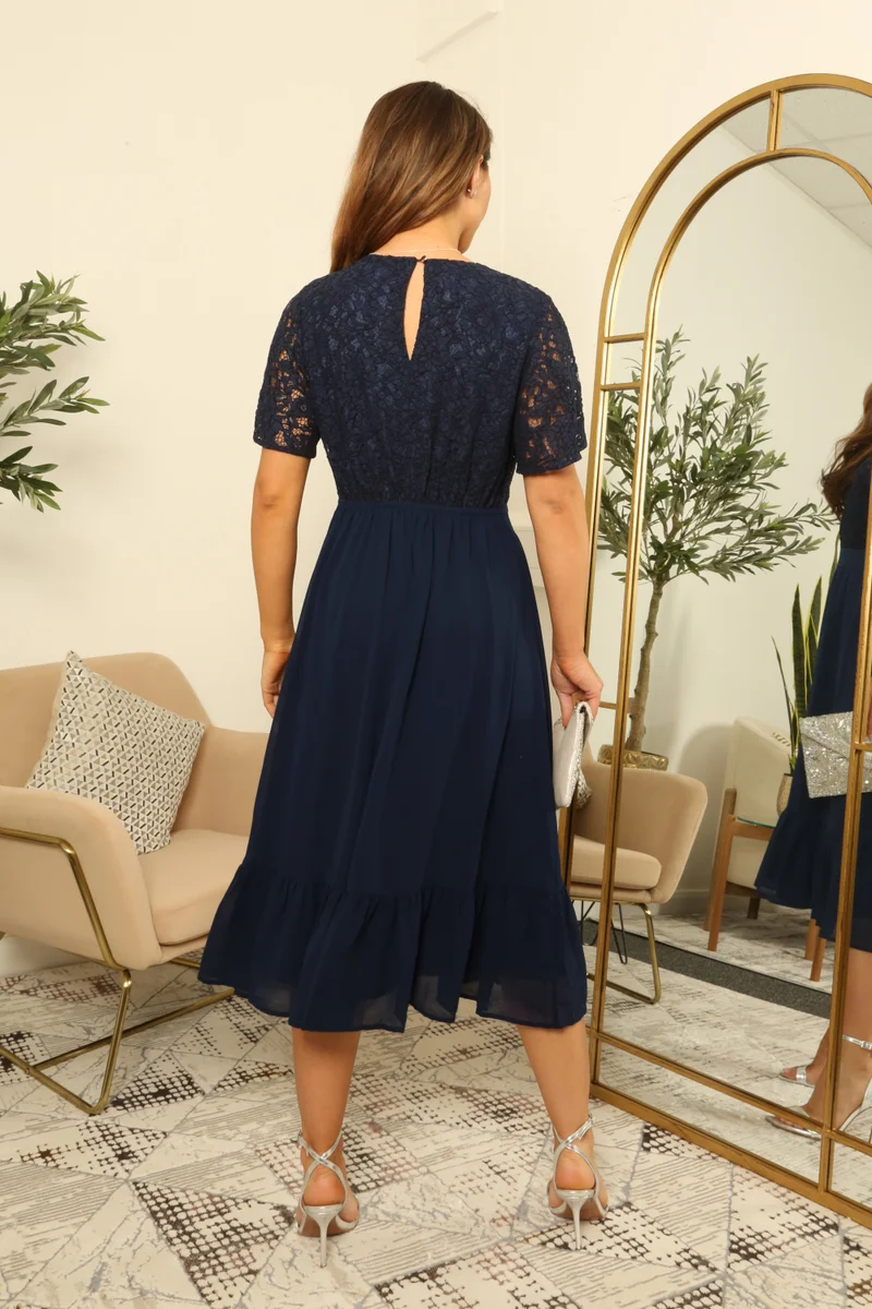 Double Second navy blue Lace Wrap Top Midi Tiered Dress for Women | Best Price UAE