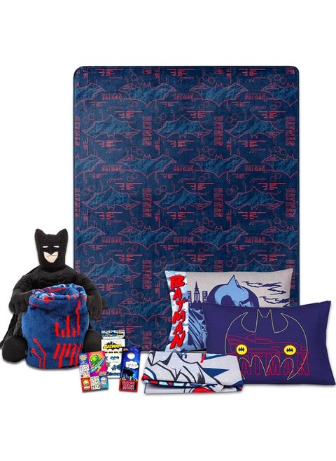 Batman Bedding Set Toddler Bed - Bundle with Batman Plushie, Throw Blanket, and Pillowcase for Twin Bed Plus Stickers, Activity Book, More | Batman Bedroom Set for Boys