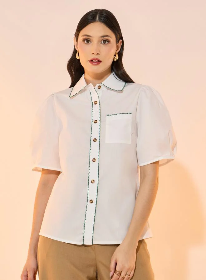 Take Two Contrast Trim Collared Shirt with Button Placket
