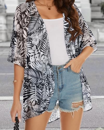 JOELLYUS Kimono Cardigans Bathing Suit Cover Up for Women Hawaiian Shirts Sheer Summer Tops Loose Open Front Blouse(White Leaves, L) - Image 3