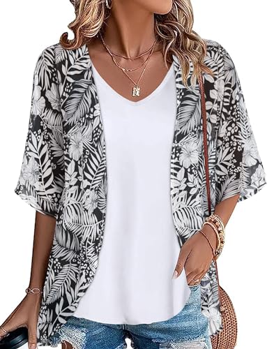 JOELLYUS Kimono Cardigans Bathing Suit Cover Up for Women Hawaiian Shirts Sheer Summer Tops Loose Open Front Blouse(White Leaves, L) - Image 1