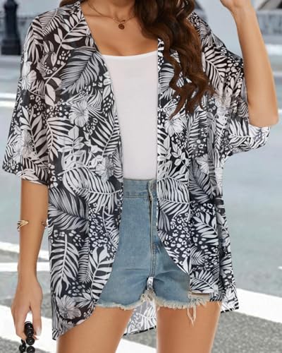 JOELLYUS Kimono Cardigans Bathing Suit Cover Up for Women Hawaiian Shirts Sheer Summer Tops Loose Open Front Blouse(White Leaves, L) - Image 4