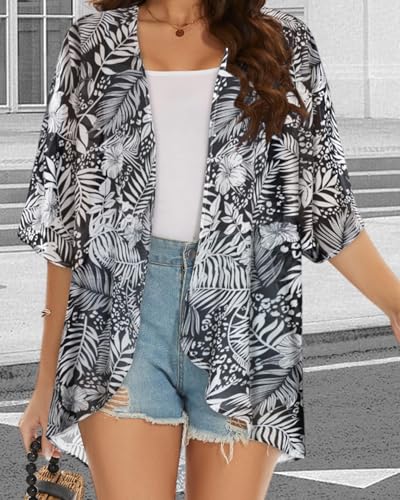 JOELLYUS Kimono Cardigans Bathing Suit Cover Up for Women Hawaiian Shirts Sheer Summer Tops Loose Open Front Blouse(White Leaves, L) - Image 5