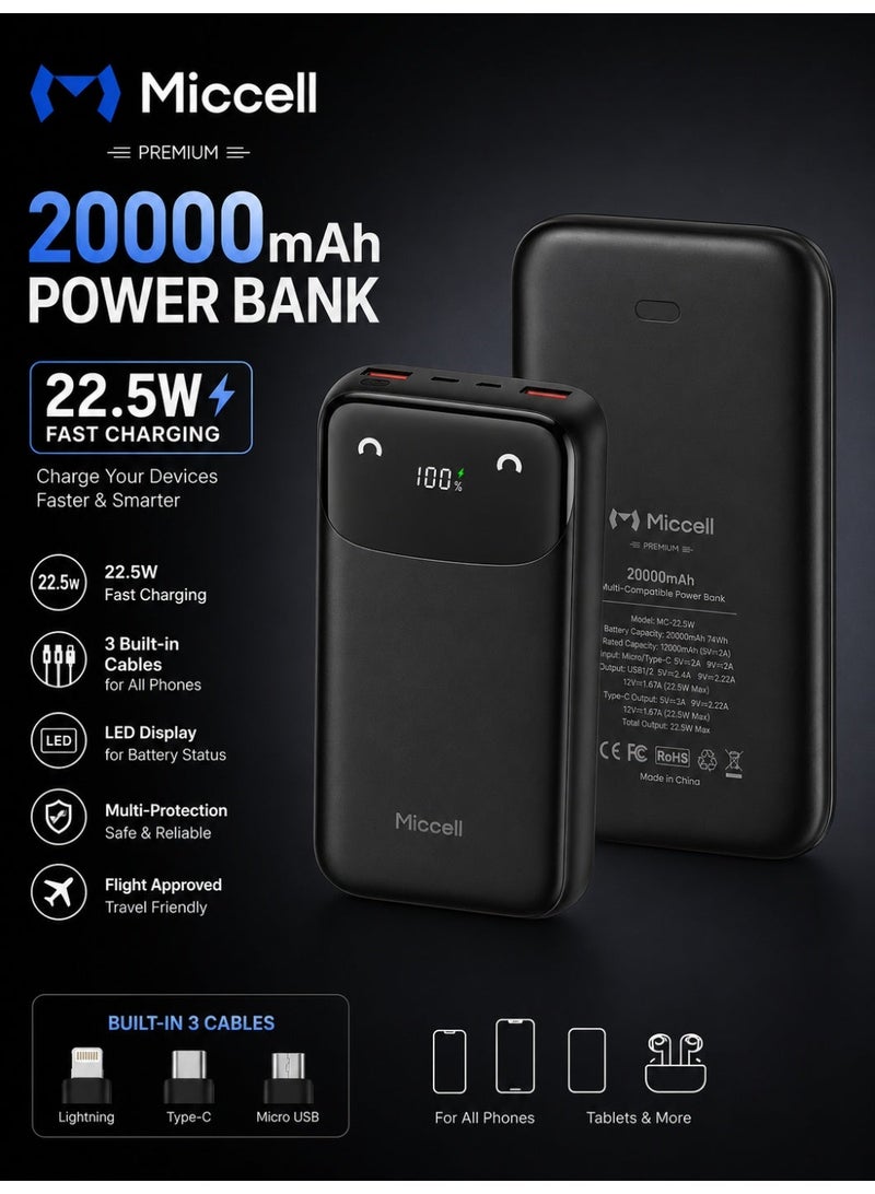 ميكسل باور بانك محمول مايك سيل VQ-P16 بسعة 20000 مللي أمبير و22.5 واط مع كابلات مدمجة، شاحن USB-C نحيف - Image 2