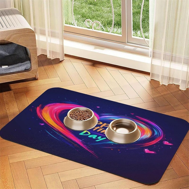 Non Slip Mat for Dog Pet Cat Dog Food Mats Rainbow Heart Happy Valentines Day Abstract Water Bowl Mat Quick Dry Absorbent Cat Feeding Mats 18X12In - Image 1