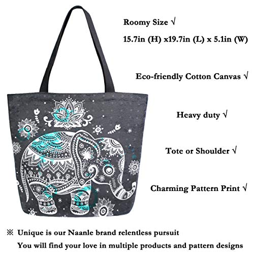 Naanle Animal Elephant Canvas Tote Bag Large Women Casual Shoulder Bag Handbag, Floral Elephant Reusable Multipurpose Heavy Duty Shopping Grocery Cotton Bag for Outdoors. - Image 2