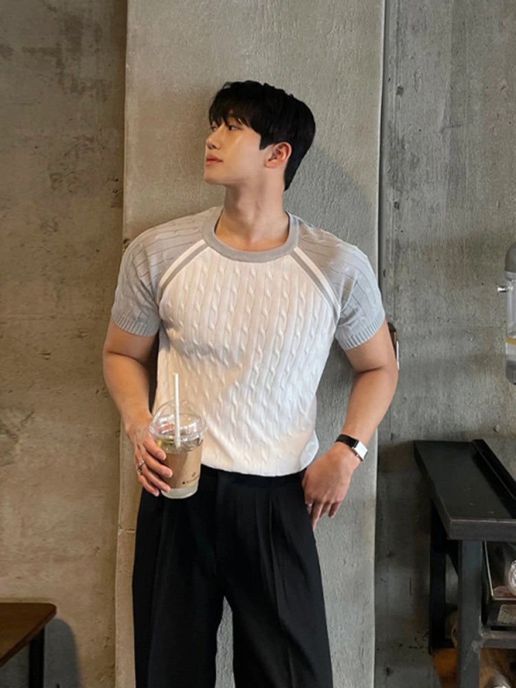 Colorblock Slim Knit Tee Men Summer New Korean Short Sleeve Grey - Image 1