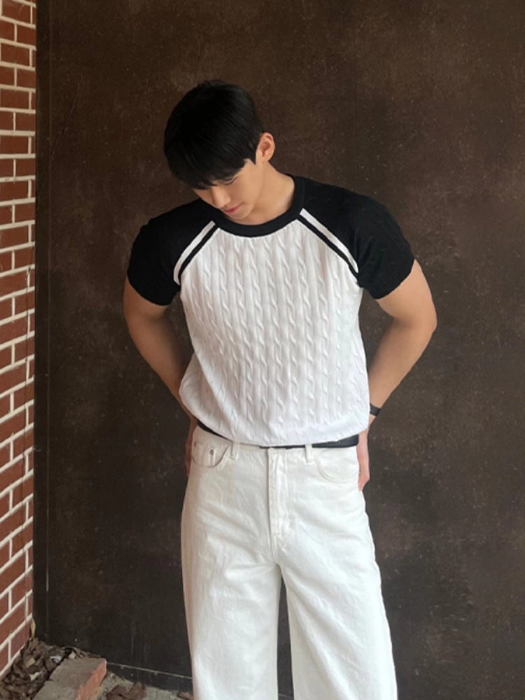 Colorblock Slim Knit Tee Men Summer New Korean Short Sleeve Grey - Image 2