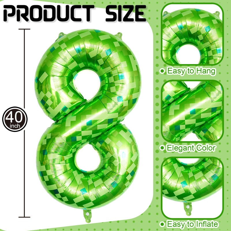 Froova Number 8 Balloons 40 Inch, Gaint Cartoon Lime Green Pixel 8 Balloon Number for Boys 8th Birthday Decorations, Dark Kelly Green Foil 8 Balloon for Kids 8 Year Old Birthday Video Game Golf Party Decor - Image 2