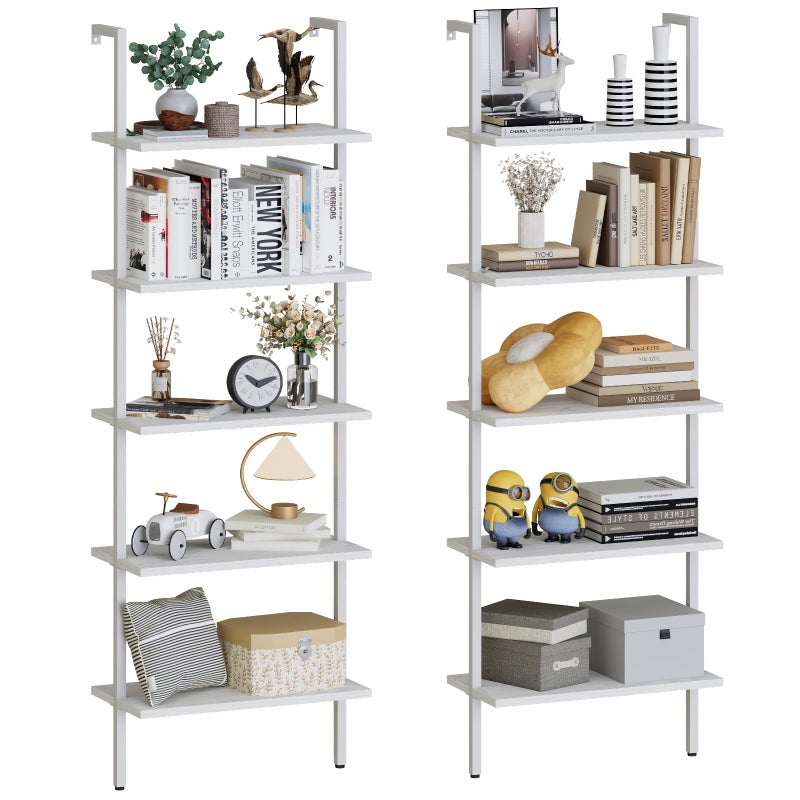Aboxoo aboxoo Ladder Shelf 2 PCS White Bookshelf 5Tier Wooden Open Shelf WallMounted Wood Rack Industrial Modern Plant Flower Stand Utility Organizer Bookcase Metal Frame Furniture Office Kitchen Bedroom 