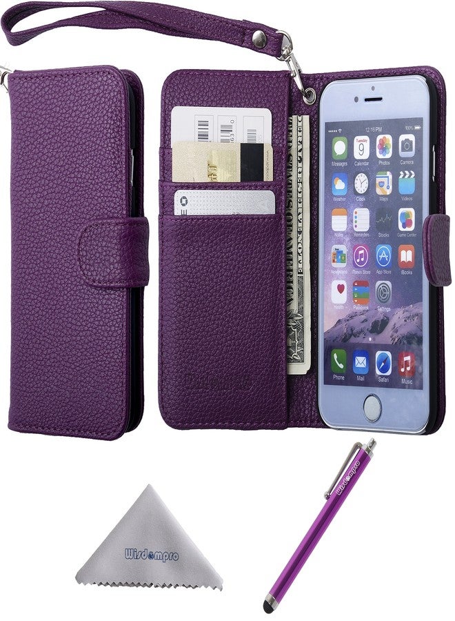 Wisdompro iPhone 6s /6 Case, Wisdompro Premium PU Leather 2-in-1 Protective [Folio Flip Wallet] Case with Credit Card Holder/Slots and Wrist Lanyard for Apple 4.7-inch iPhone 6s /6 (Purple) - Image 1