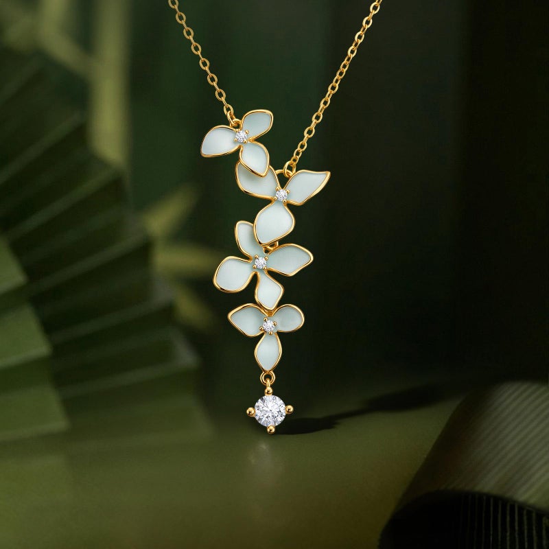 Cicy Bell Floral Pendant Necklace For Women 18K Gold Plated Trendy Boho Blue Flower Glaze Dripping Cubic Zirconia Long Y Necklace Beach Party Jewelry Gifts - Image 5