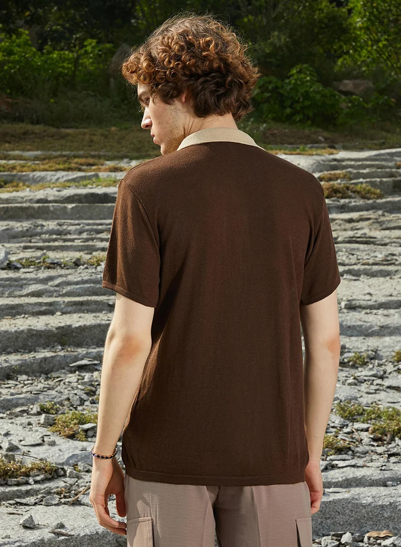 Campus Sutra Men's Buff Beige & Taupe Brown Block-Knit Slim-Fit Shirt