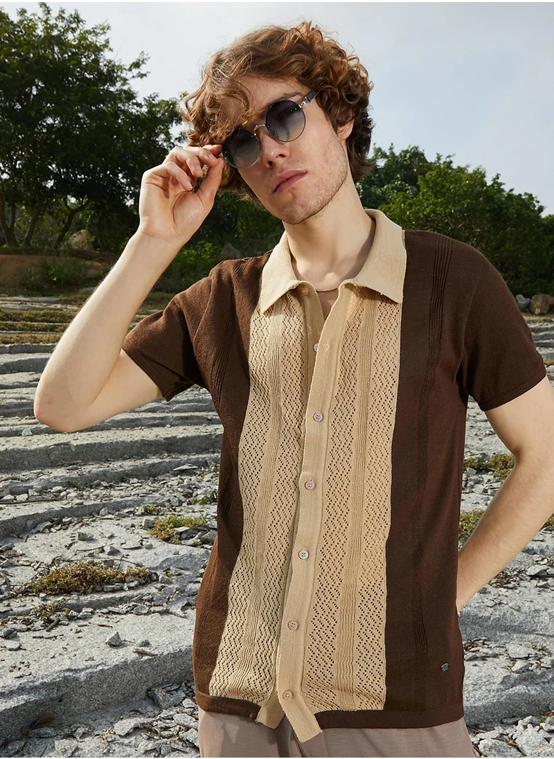 Campus Sutra Men's Buff Beige & Taupe Brown Block-Knit Slim-Fit Shirt