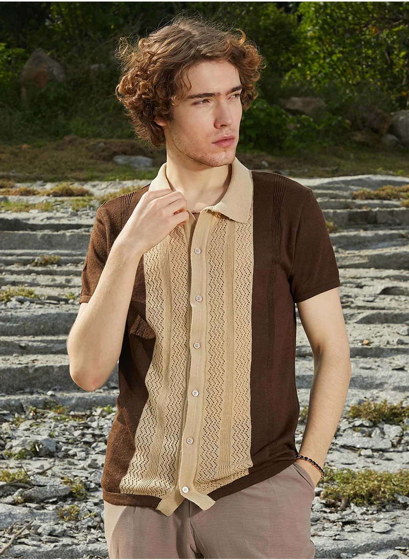 Campus Sutra Men's Buff Beige & Taupe Brown Block-Knit Slim-Fit Shirt