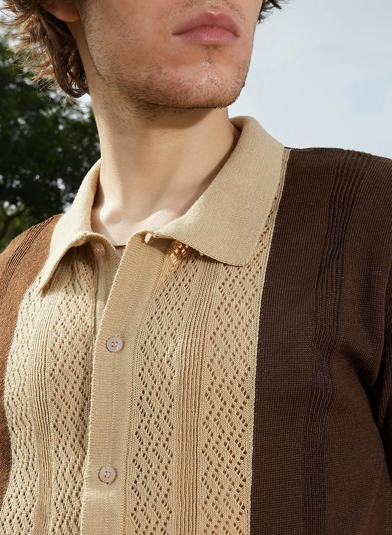 Campus Sutra Men's Buff Beige & Taupe Brown Block-Knit Slim-Fit Shirt