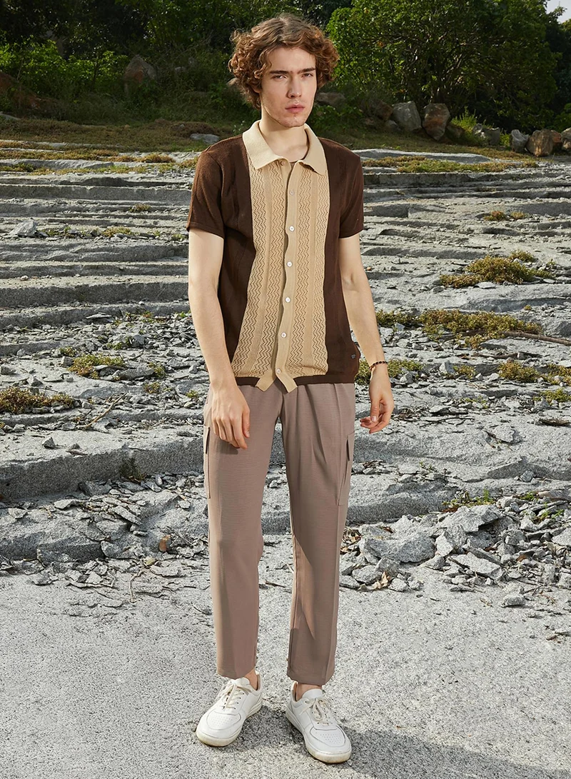 Campus Sutra Men's Buff Beige & Taupe Brown Block-Knit Slim-Fit Shirt