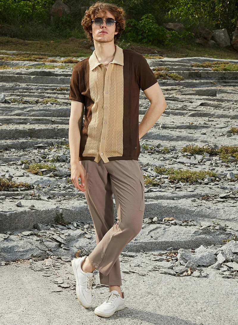 Campus Sutra Men's Buff Beige & Taupe Brown Block-Knit Slim-Fit Shirt