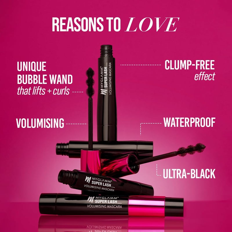 MyGlamm Super Lash Volumising Mascara Black Shade Waterproof Long Lasting High Volumising Curling Eye Mascara with Bubble Wand 9ml