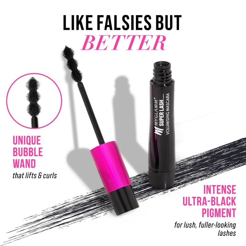MyGlamm Super Lash Volumising Mascara Black Shade Waterproof Long Lasting High Volumising Curling Eye Mascara with Bubble Wand 9ml
