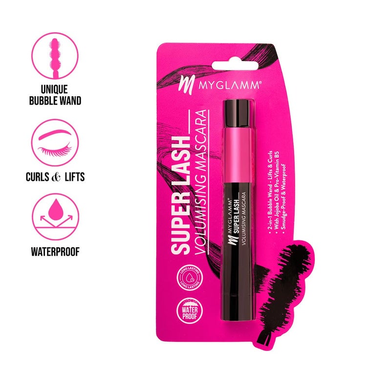 MyGlamm Super Lash Volumising Mascara Black Shade Waterproof Long Lasting High Volumising Curling Eye Mascara with Bubble Wand 9ml